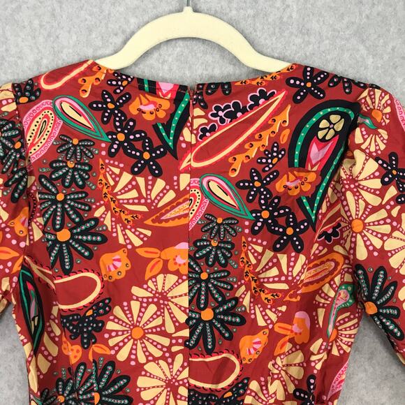 Rachel Zoe Romper Womens XS Red Paisley Belt‎ Puff Tropical Boho Resort Coastal - Picture 10 of 12